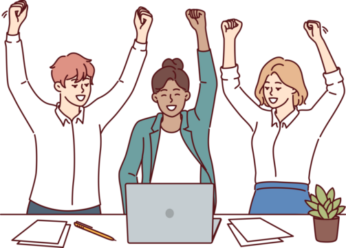 Successful business people make winning gesture, sitting at desk and rejoicing at making deal