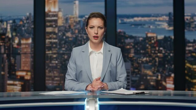 Friendly presenter reporting events at newsroom. Anchorwoman ending news release