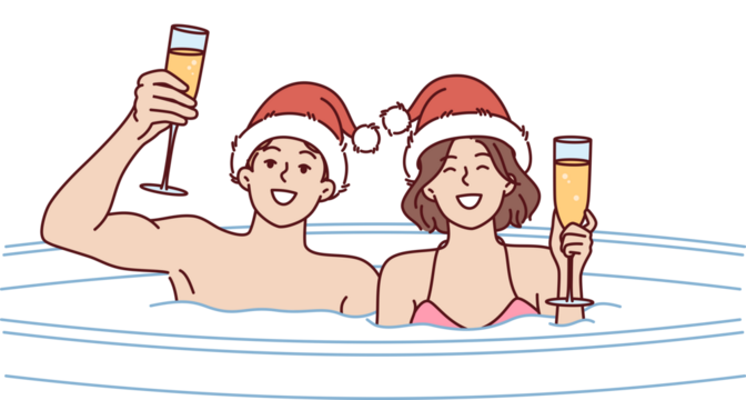 Couple drinks champagne sitting in hot tub on christmas eve and enjoying romantic setting