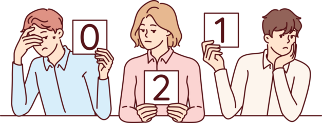 Frustrated business people show low marks to potential company employees participating in interview