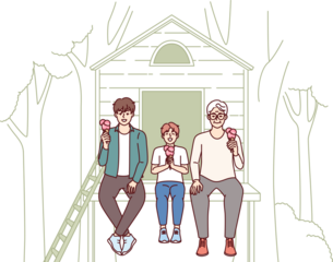 Generational succession son, father and grandfather eating ice cream together sitting in tree house