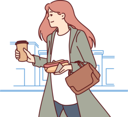 Busy successful woman hurries to work, runs through city streets with hot dog and coffee in hands