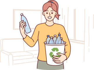 Woman puts plastic bottles in recycling bin showing awareness and concern for environment