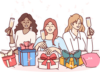 Women celebrate bachelorette party and wish girlfriend happy birthday, presenting boxes with gifts
