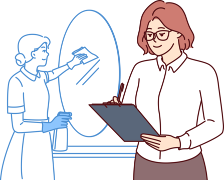 Housekeeping service supervisor woman holding clipboard supervising maid cleaning in hotel room