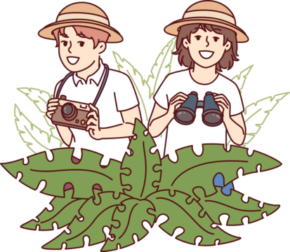 Little travelers stand in jungle with camera and binoculars in hands, spending summer holidays
