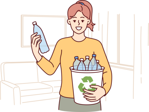 Woman puts plastic bottles in recycling bin showing awareness and concern for environment