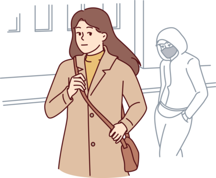 Woman walking through city at night notices stalker who wants to attack or rob defenseless girl