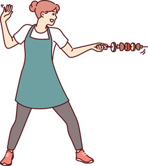 Housewife woman with vegetable kebab stands in swordsman pose and uses skewer instead of sword