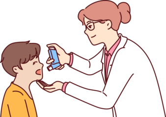 Woman doctor with inhaler helps boy cope with asthma attack or get rid of bronchial health problems