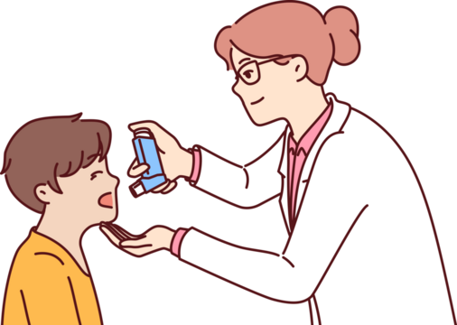 Woman doctor with inhaler helps boy cope with asthma attack or get rid of bronchial health problems - Powered by Adobe
