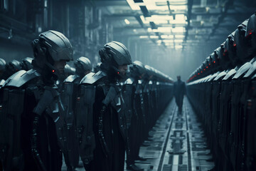 Fototapeta na wymiar Futuristic Soldiers in Dystopian City. Advanced Robotic Army. Created with Generative AI.