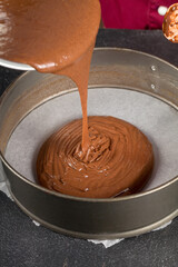 Pastry chef pours mixed dough into baking mould