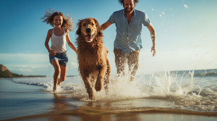  Happy children with dog on the beach. Camping and travel concept