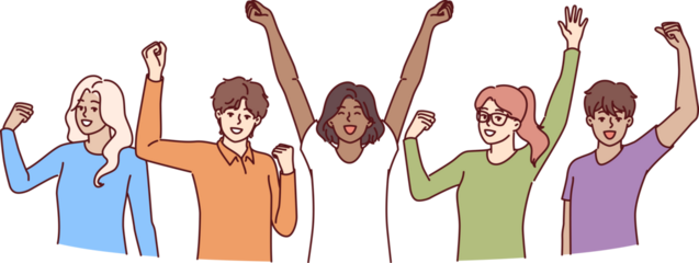 Cheerful diverse people raise hands up celebrating victory in joint educational project