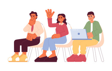 Participating in seminar cartoon flat illustration. Diverse people lecture participants 2D characters isolated on white background. Class training course, diversity scene vector color image