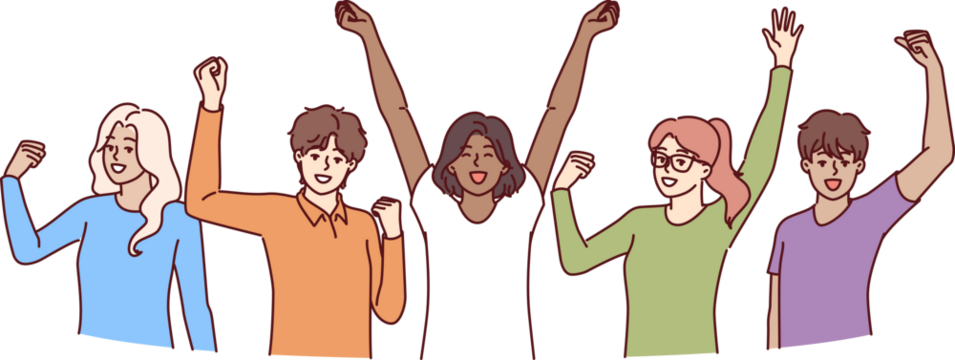 Cheerful diverse people raise hands up celebrating victory in joint educational project - Powered by Adobe