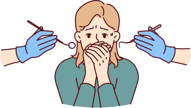 Cowardly woman at dentist doctor appointment closes mouth, suffering from dentophobia - Powered by Adobe