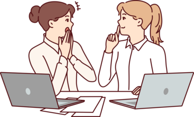 Woman office workers gossip, share secret forbidden for distribution, sitting at table with laptops