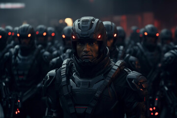 Fototapeta premium Futuristic Soldiers in Dystopian City. Advanced Robotic Army. Created with Generative AI.