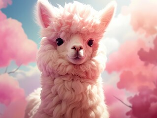 pink alpaca among pink clouds