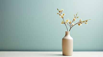  a white vase filled with yellow flowers on top of a white table and a blue wall in the back ground.  generative ai