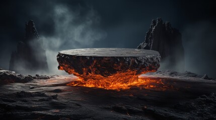 Fire lava podium rock volcano background product magma display 3d scene stone floor. Platform lava...