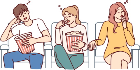 People watch boring movie at cinema and fall asleep with buckets of popcorn in hands