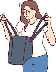 Woman is nervous looking into purse and seeks lost keys or purse forgotten at home