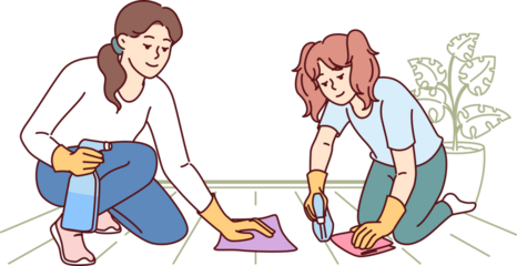 Mom and daughter are cleaning apartment together and washing floor using stain remover sprayer