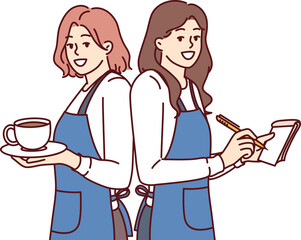 Happy woman waitresses smiling holding coffee and notepad for writing restaurant customer orders