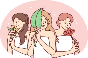 Happy women wrapped in towels after pleasant spa treatment and holding natural plants. Vector image