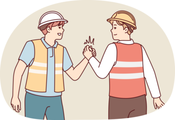 Two men in uniform of builders shake hands holding each others palms tightly.. Vector image
