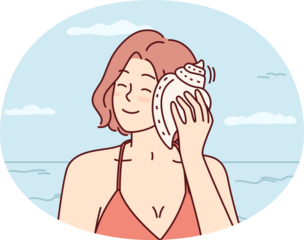 Happy woman listens to sound of sea putting shell to ear and closing eyes dreams. Vector image