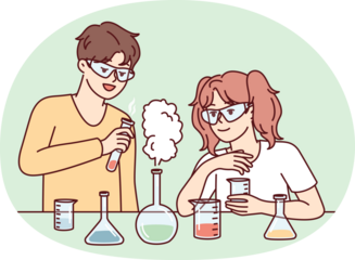 Youth boy and girl conduct chemical experiments standing near table with test tubes. Vector image