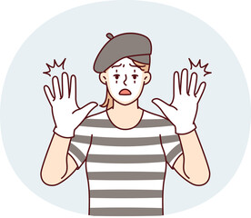Woman clown with white face entertains people by acting as mime and touches screen. Vector image