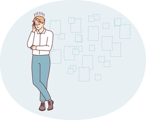 Man project manager stands cross-legged and touches head thinking about f company. Vector image