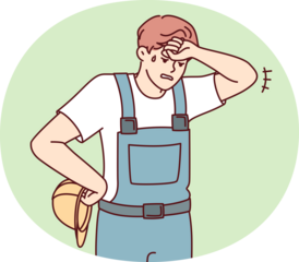 Tired sweaty man in construction uniform and safety helmet wiping forehead. Vector image