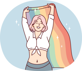 Happy woman waving rainbow flag while speaking at event for LGBT and sexual minorities. Vector image