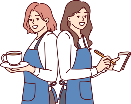Happy woman waitresses smiling holding coffee and notepad for writing restaurant customer orders