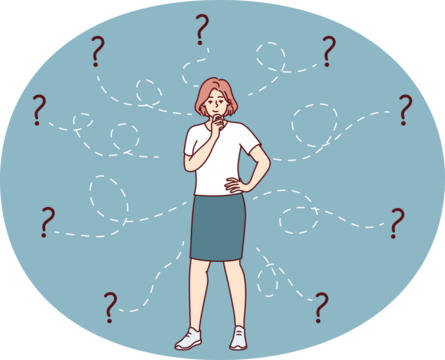 Thoughtful woman solves business problem and scratches chin standing among question. Vector image