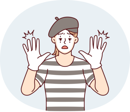 Woman clown with white face entertains people by acting as mime and touches screen. Vector image