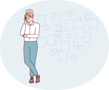 Man project manager stands cross-legged and touches head thinking about f company. Vector image - Powered by Adobe