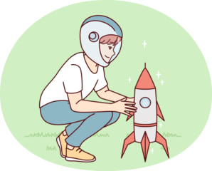 Little boy near toy rocket plays as astronaut, wanting to work in space industry. Vector image