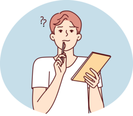Thoughtful man with notebook puts pen to face while thinking about difficult task. Vector image