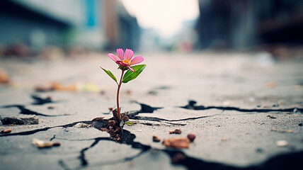 pink flowers growing from the cracked earth. - Powered by Adobe