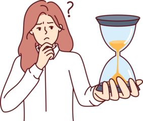 Pensive woman holding hourglass and scratching chin feeling discomfort due to strict deadlines