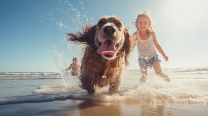  Happy children with dog on the beach. Camping and travel concept - Powered by Adobe
