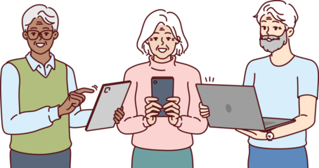 Older people use gadgets and learn digital literacy and internet surfing through phone or laptop