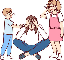 Crying children near upset mother suffering from financial problems or husband leaving family
